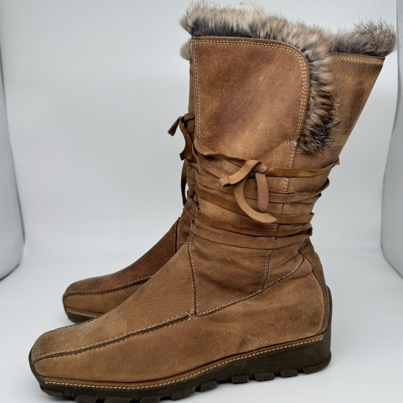 Mod Brev Women's 39‎ Boot Genuine Italian Leather Fur Lined Long Square Toed Y2K - Picture 4 of 14
